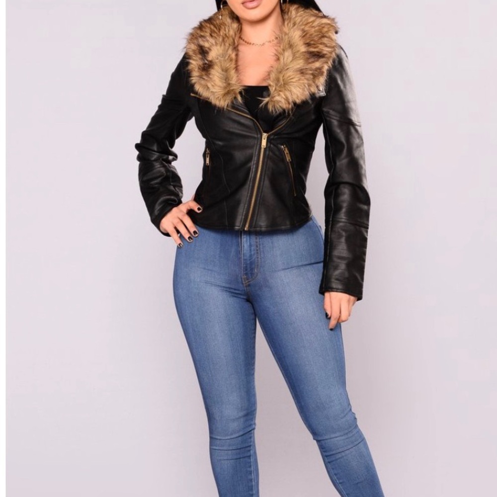 Faux leather biker jacket with faux fur collar.